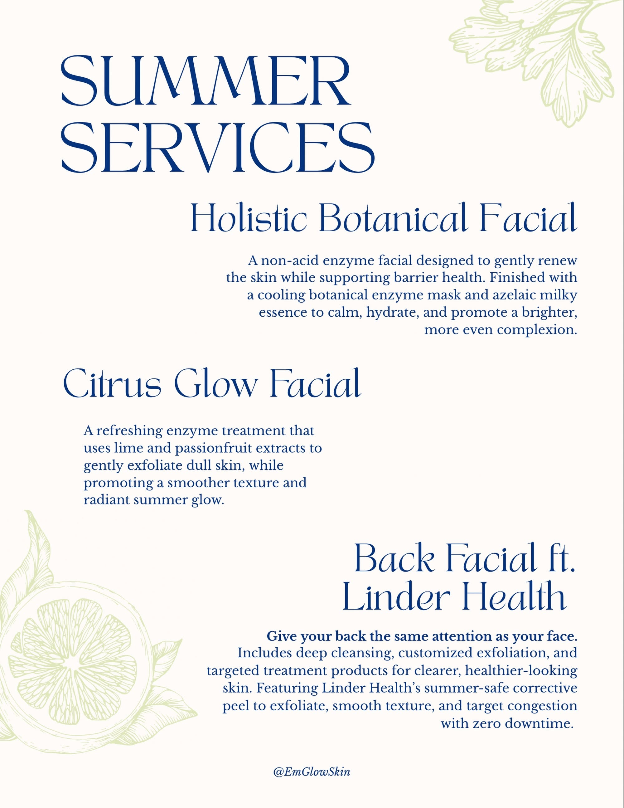 EmGlowSkin Summer Services — Holistic Botanical Facial, Citrus Glow Facial, and Back Facial featuring Linder Health