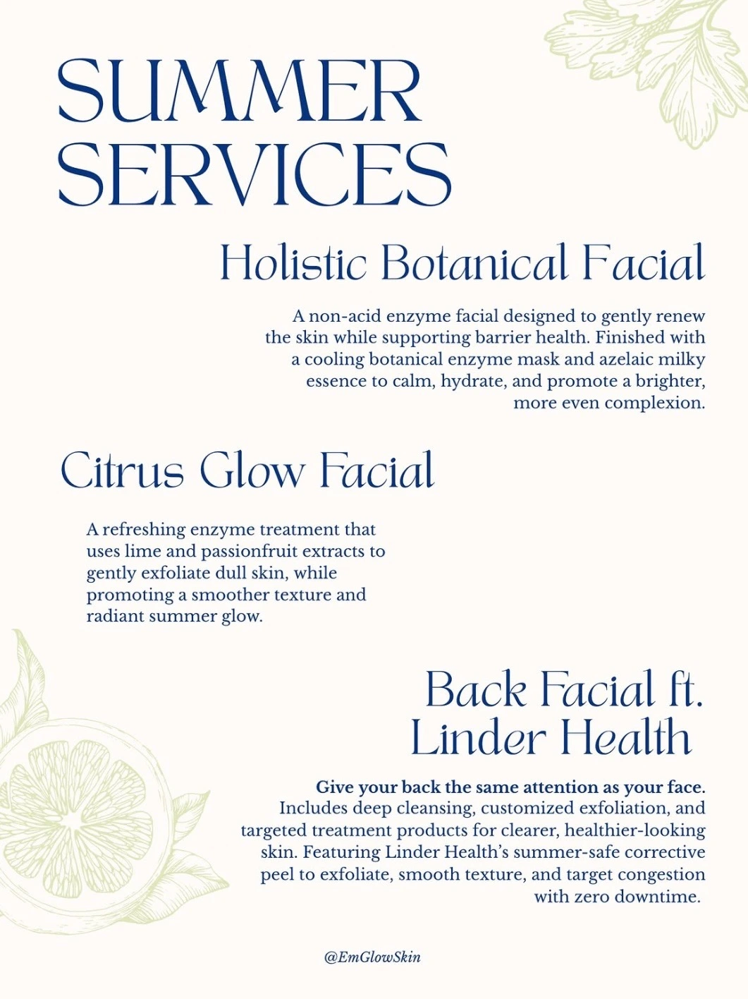 EmGlowSkin Summer Services featuring the Holistic Botanical Facial, Citrus Glow Facial, and Back Facial featuring Linder Health.